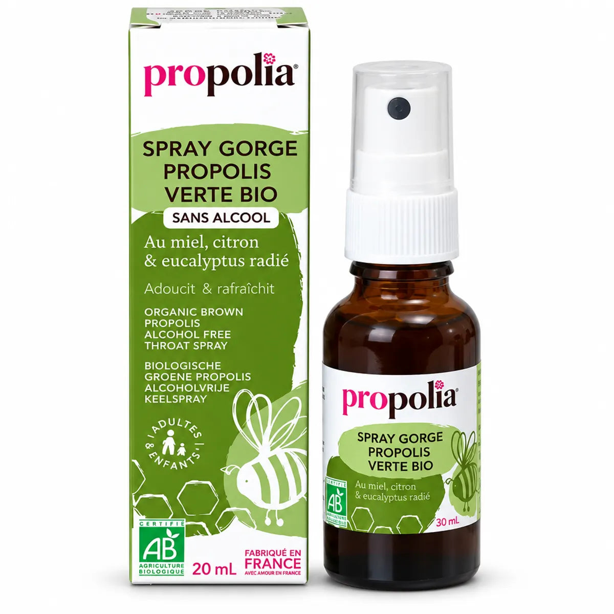 Spray gorge propolis verte bio Propolia 20ml sans alcool, flacon verre brun