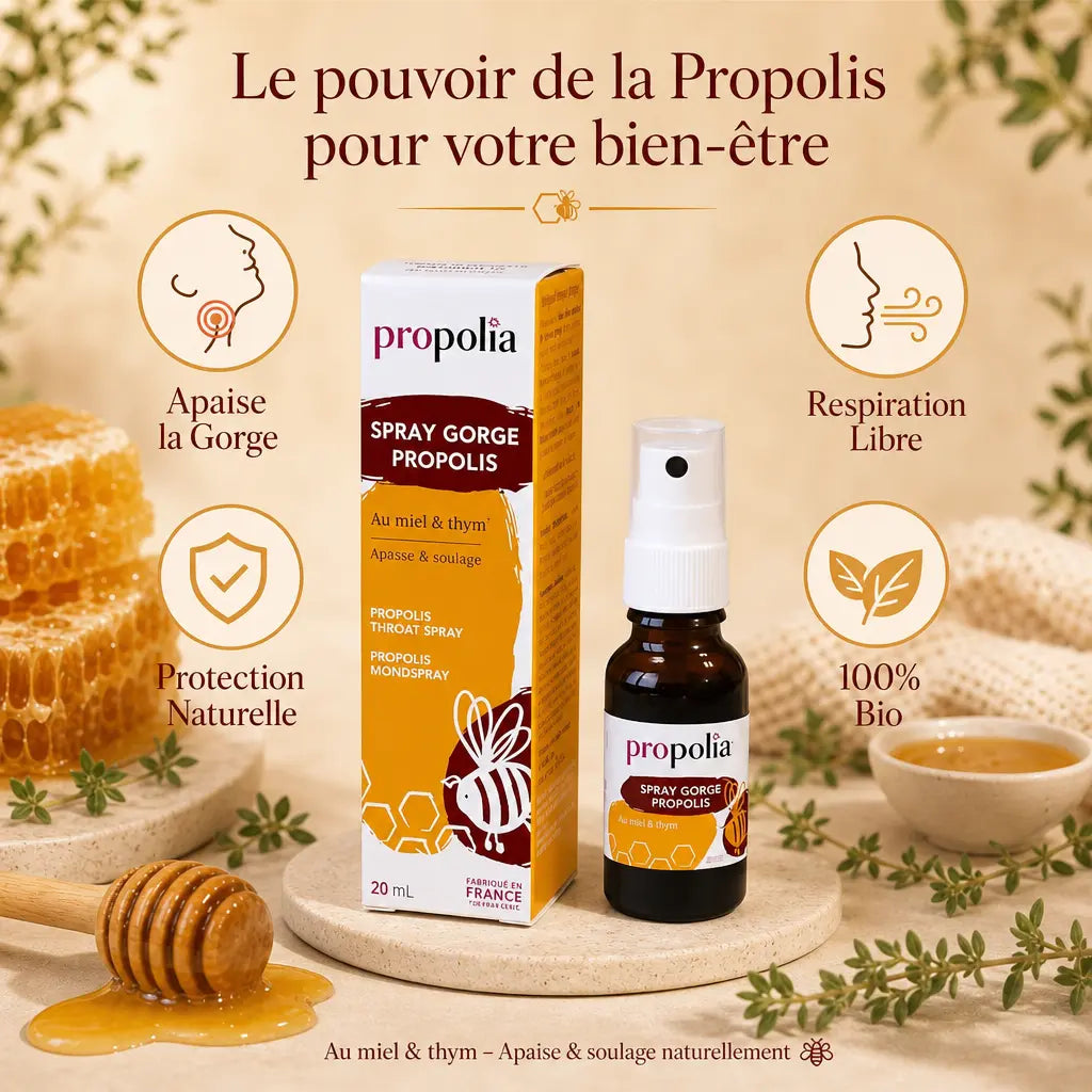 Spray gorge propolis miel thym Bio 20ml Propolia avec bénéfices naturels