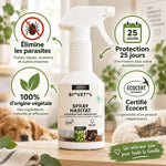 Spray Biovetol antiparasitaire bio 500ml avec bénéfices : élimine parasites, protection 25 jours, végétal certifié