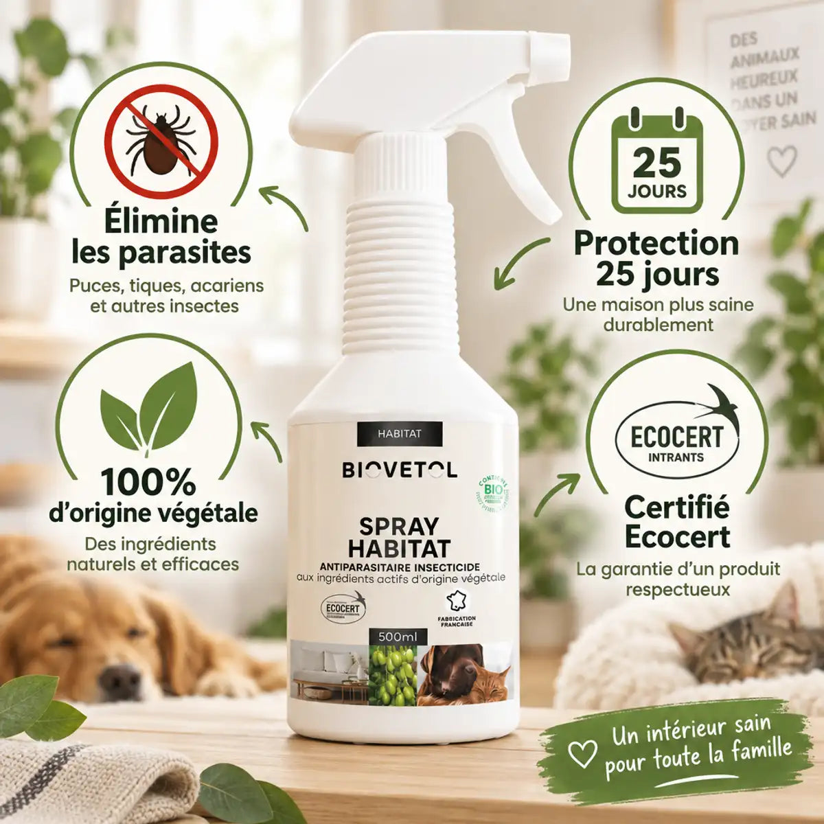 Spray Biovetol antiparasitaire bio 500ml avec bénéfices : élimine parasites, protection 25 jours, végétal certifié