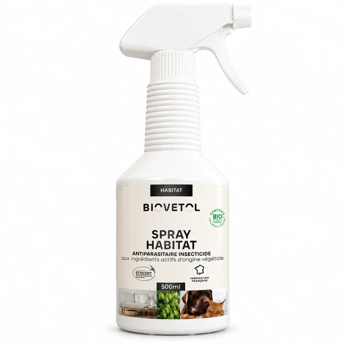 Spray Habitat Biovetol 500ml insecticide bio antiparasitaire certifié avec pulvérisateur