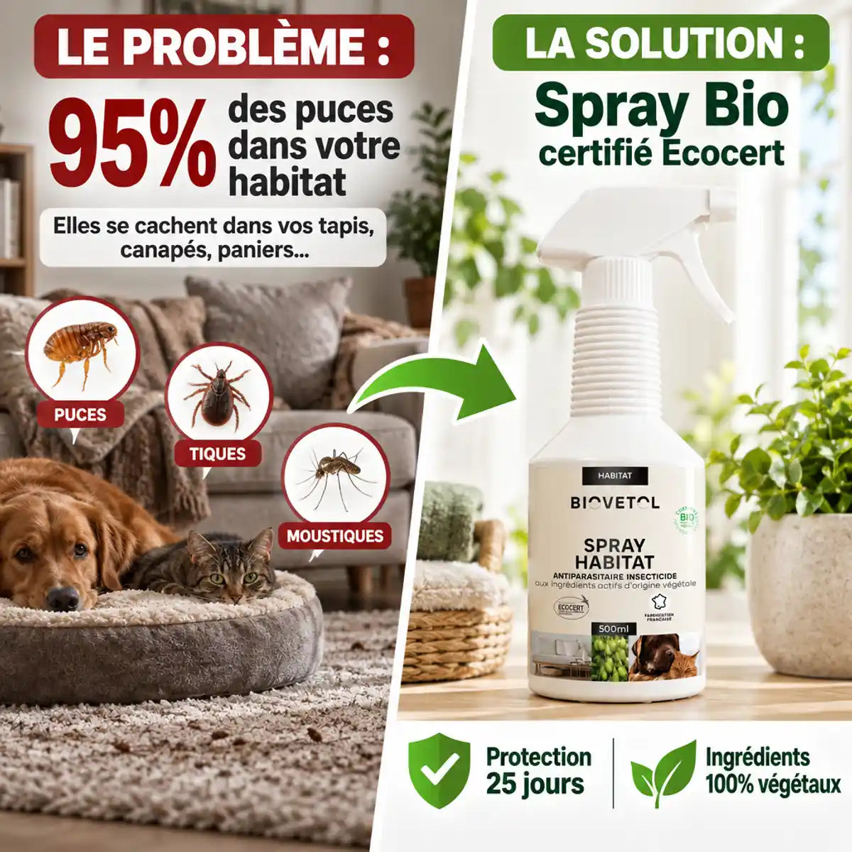 Spray habitat antiparasitaire bio Biovetol 500ml solution contre puces tiques mosquitos maison