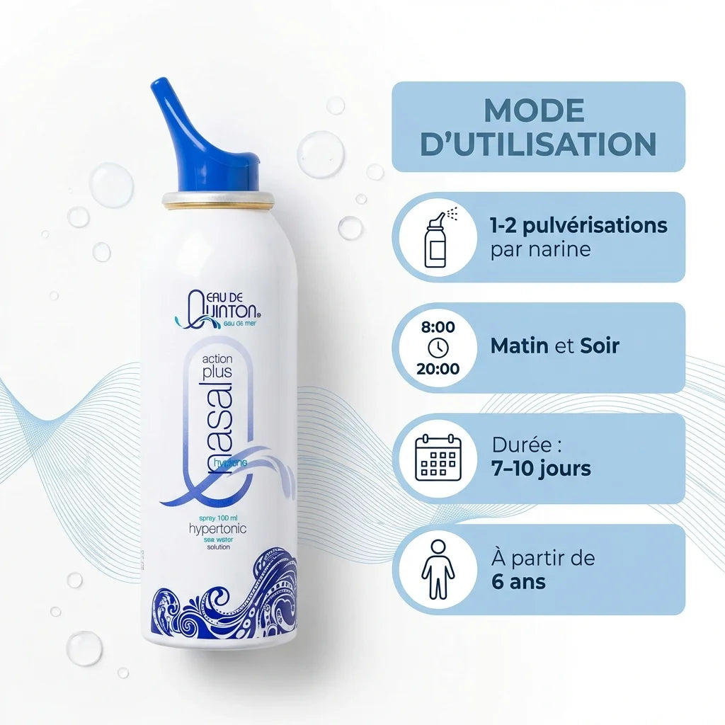 Spray nasal Quinton Action Plus 100ml avec guide d'utilisation et dosage recommandé