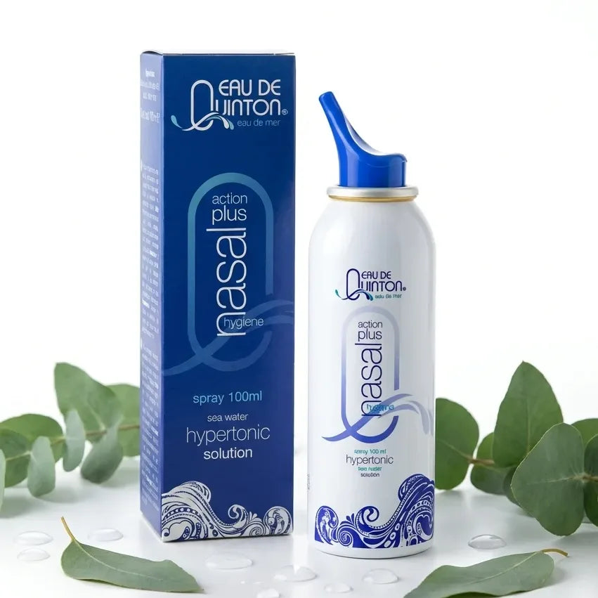Spray Quinton Action Plus hypertonique 100ml avec packaging, feuilles eucalyptus et gouttes eau