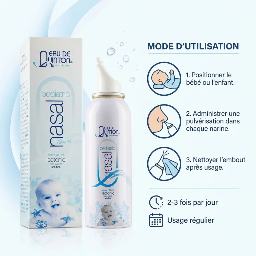 Spray nasal pédiatrique Quinton 100ml avec instructions d'utilisation et dosage pour enfants