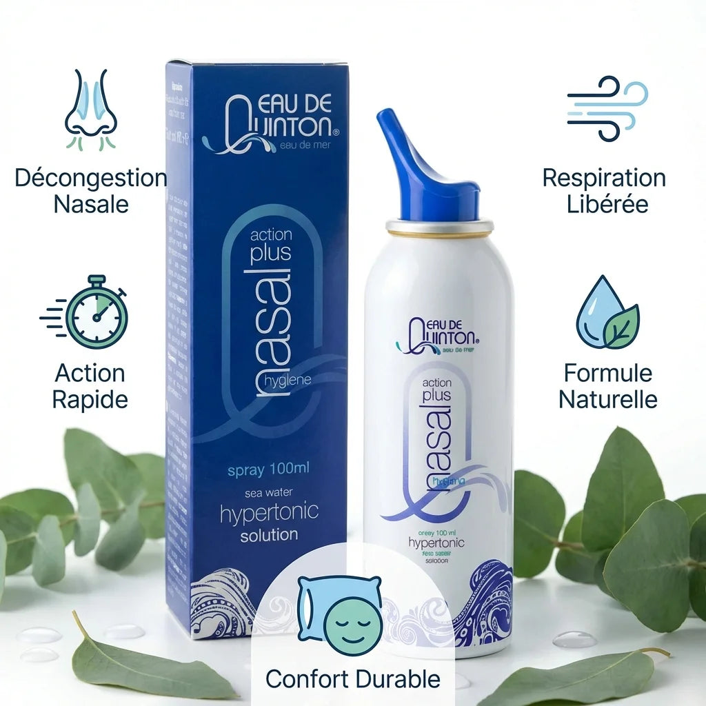Spray Quinton Action+ hypertonique 100ml avec bénéfices : décongestion nasale, respiration libérée, action rapide