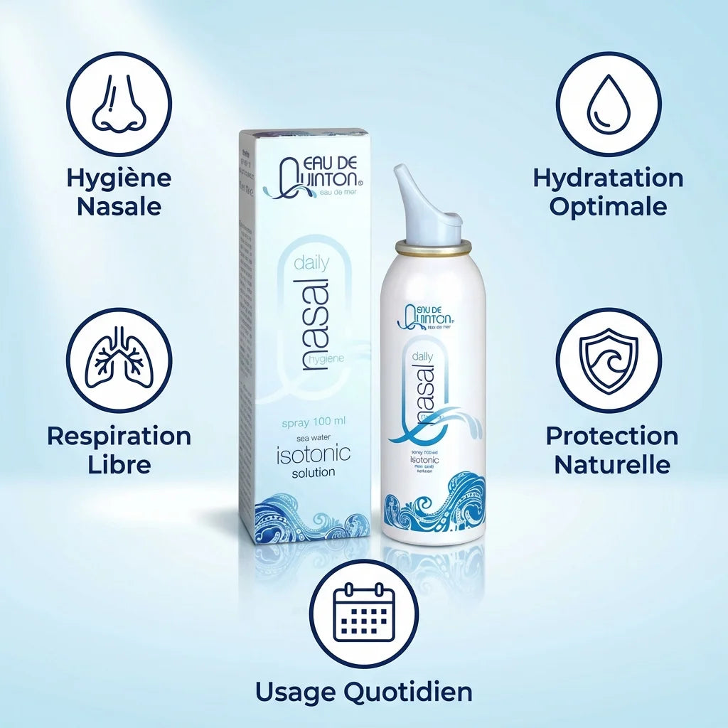 Spray Quinton 100ml avec infographie hygiène nasale, hydratation et respiration libre