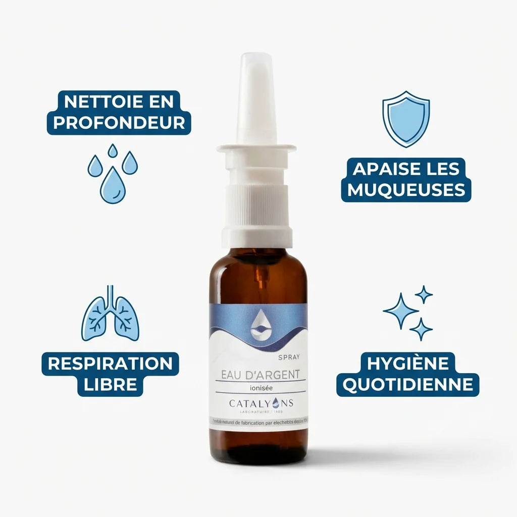 Spray nasal eau d'argent ionisée Catalyons 30ml avec bénéfices : nettoyage profond et respiration libre