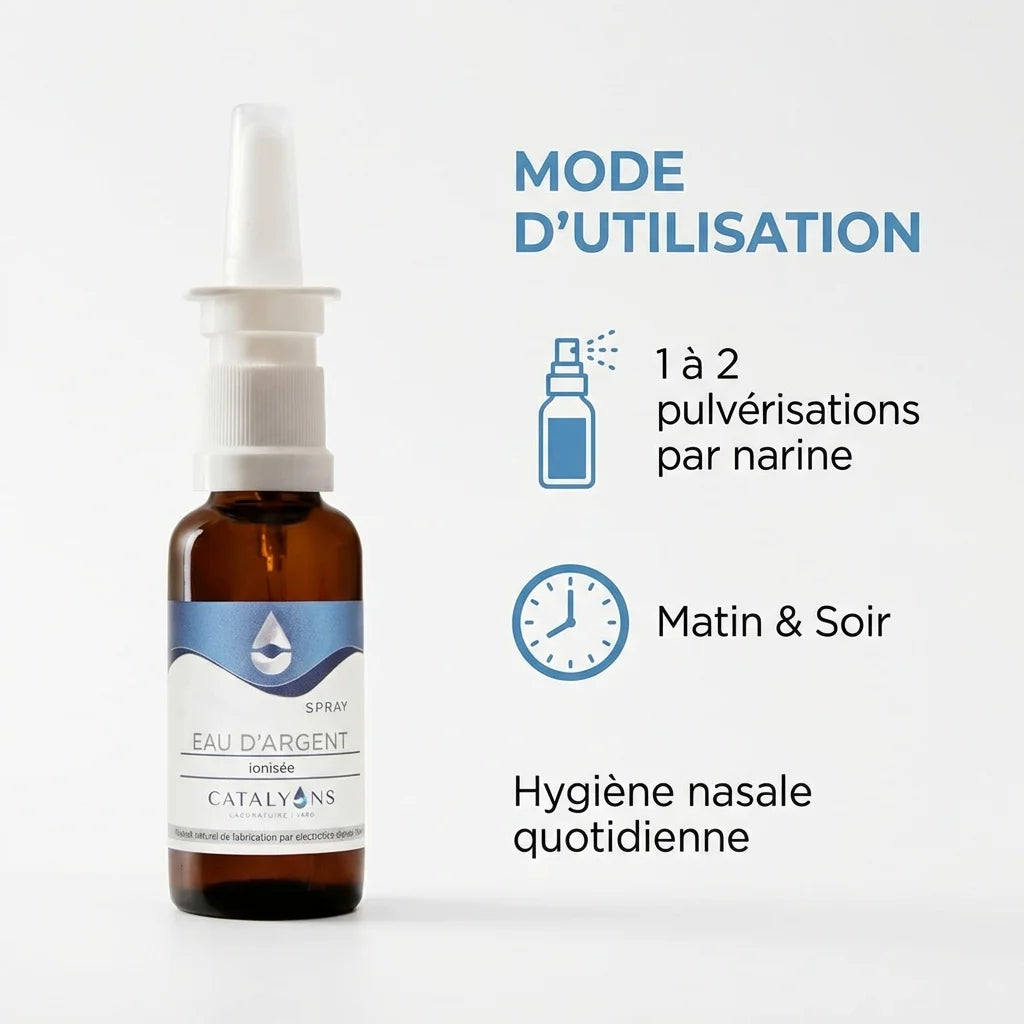 Spray nasal Eau d'Argent ionisée Catalyons 30ml avec guide d'utilisation et dosage recommandé