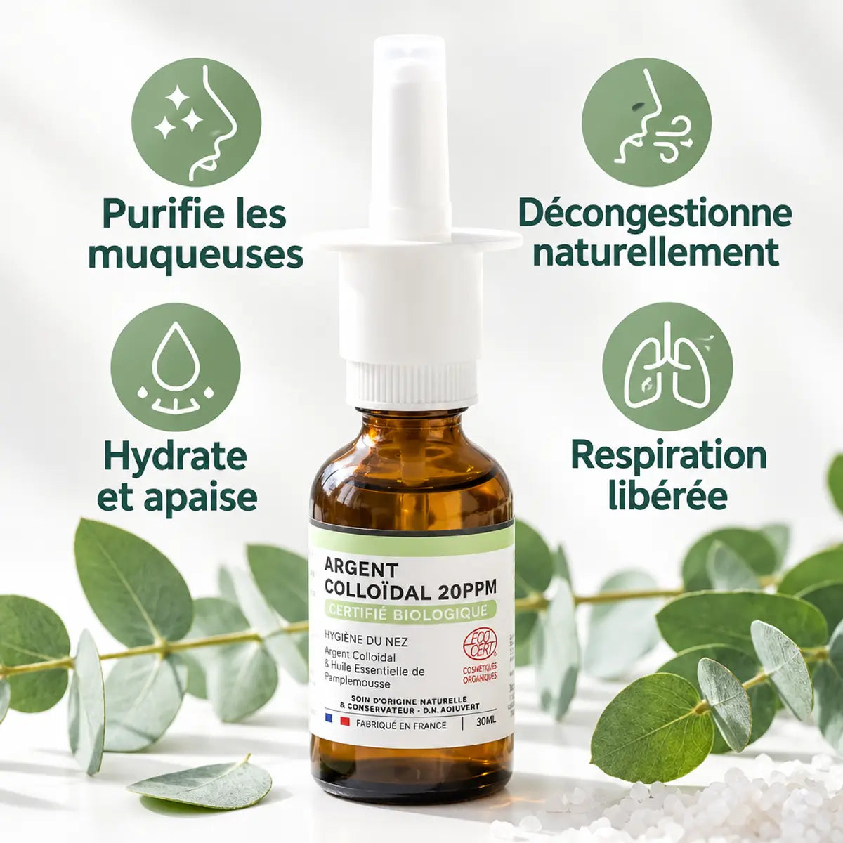 Spray nasal argent colloïdal Dr Theiss 20ppm avec bénéfices : purifie, décongestionne, hydrate et apaise