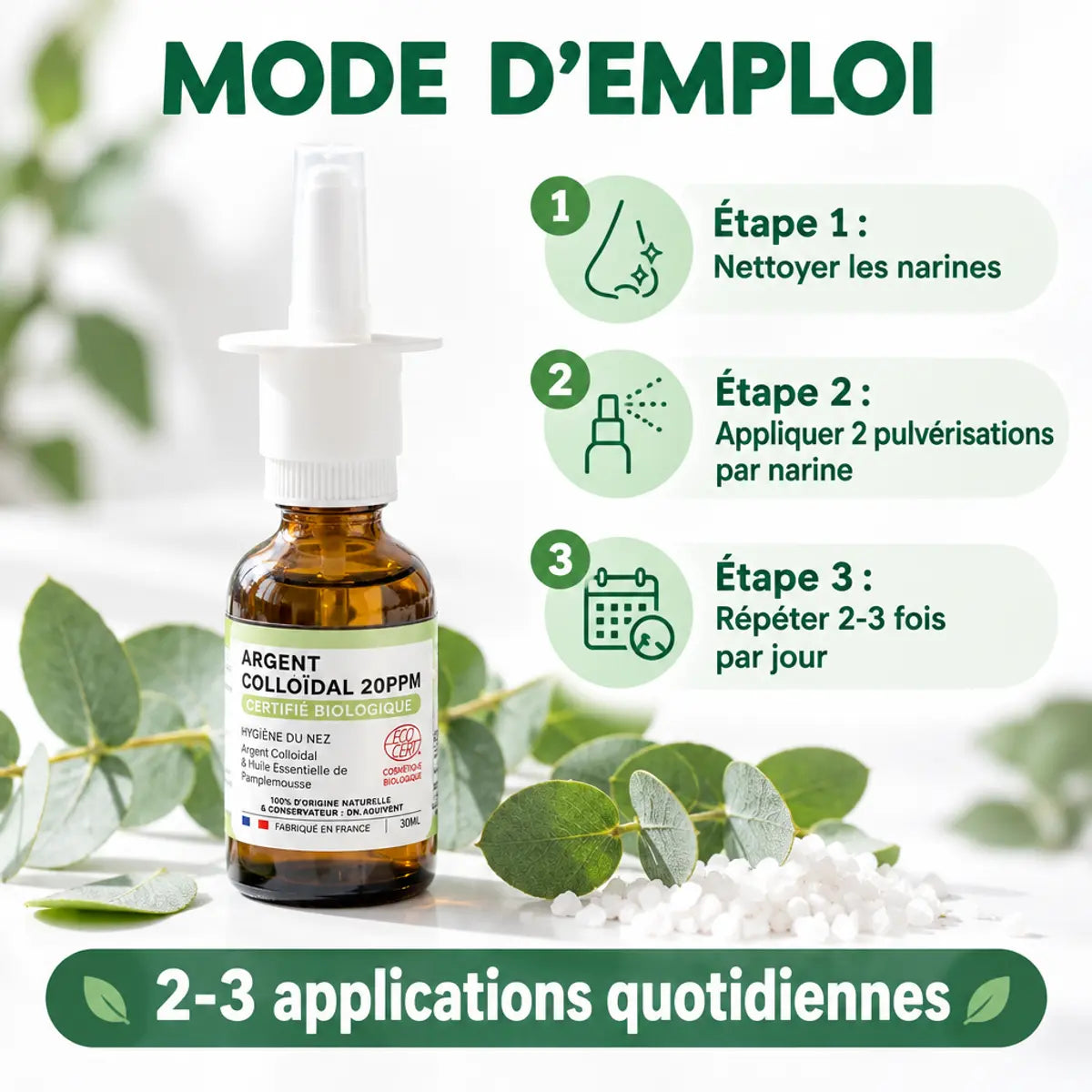 Spray nasal Argent colloïdal Dr Theiss 20ppm avec mode d'emploi et instructions d'application