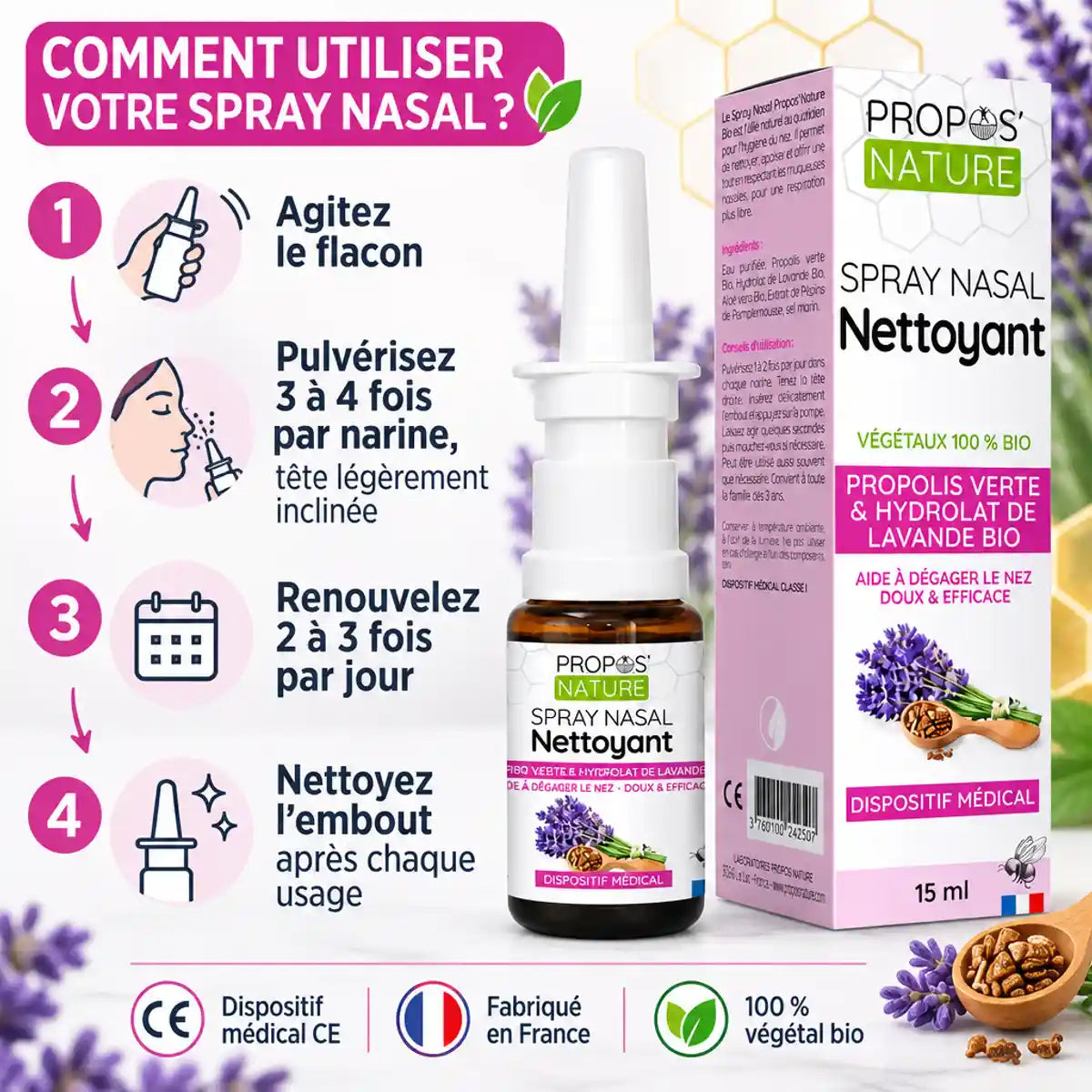 Spray nasal Propos'Nature à la propolis verte bio et hydrolat de lavande 15 ml, avec mode d'emploi en 4 étapes