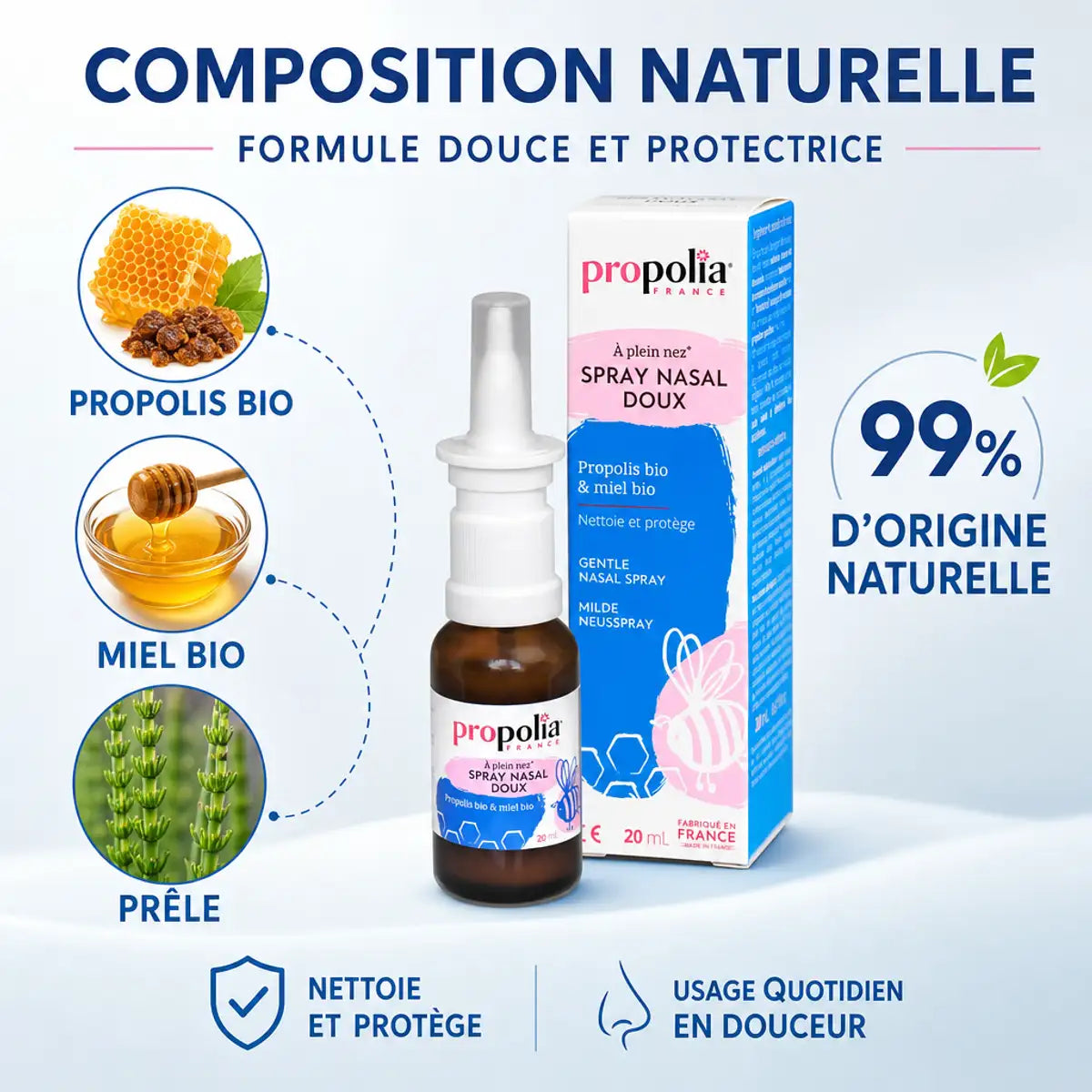 Spray nasal doux propolis bio, prêle et miel - Propolia-Apimab 20ml avec composition naturelle