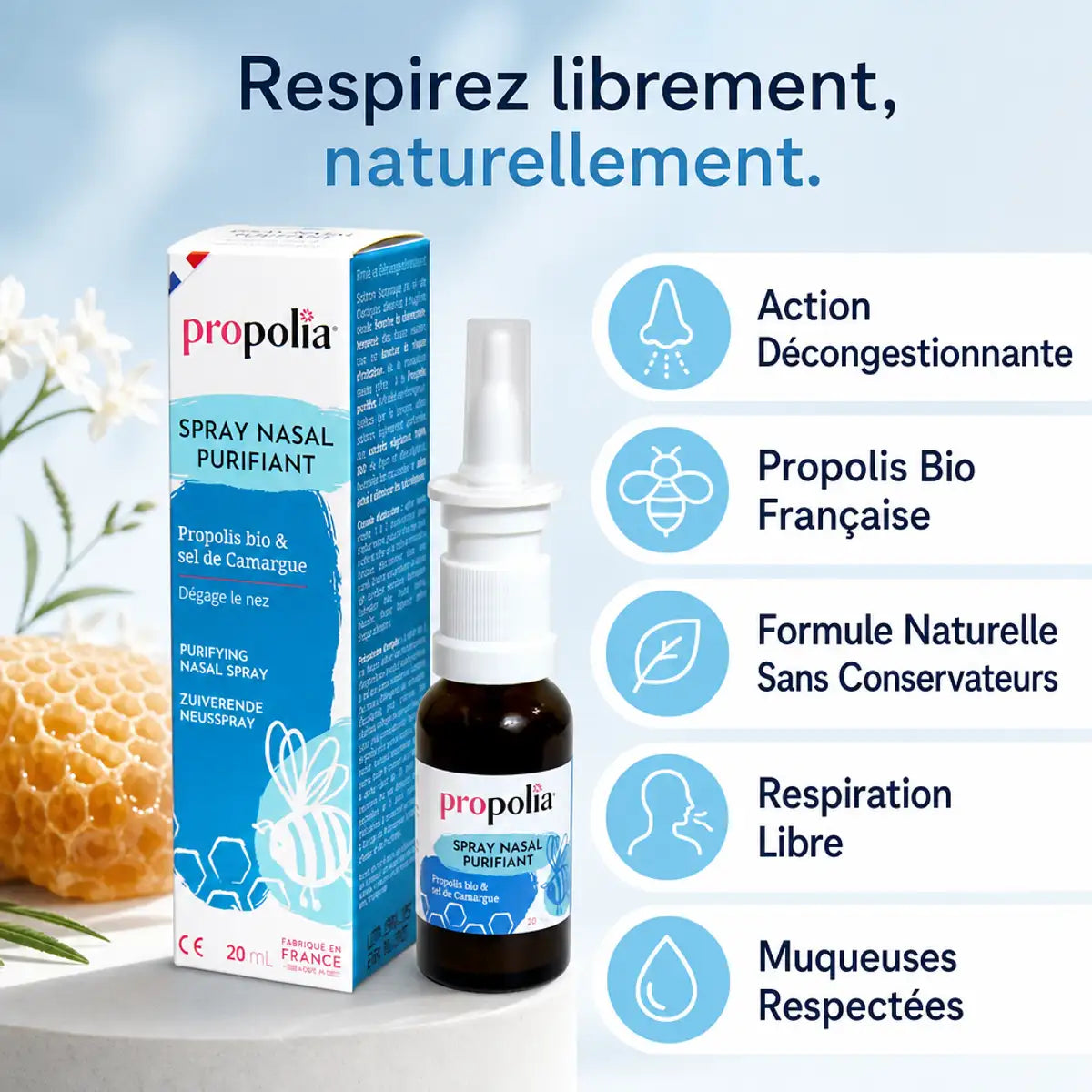 Spray nasal propolis 20ml Propolia avec infographie des 5 bénéfices décongestionnants naturels