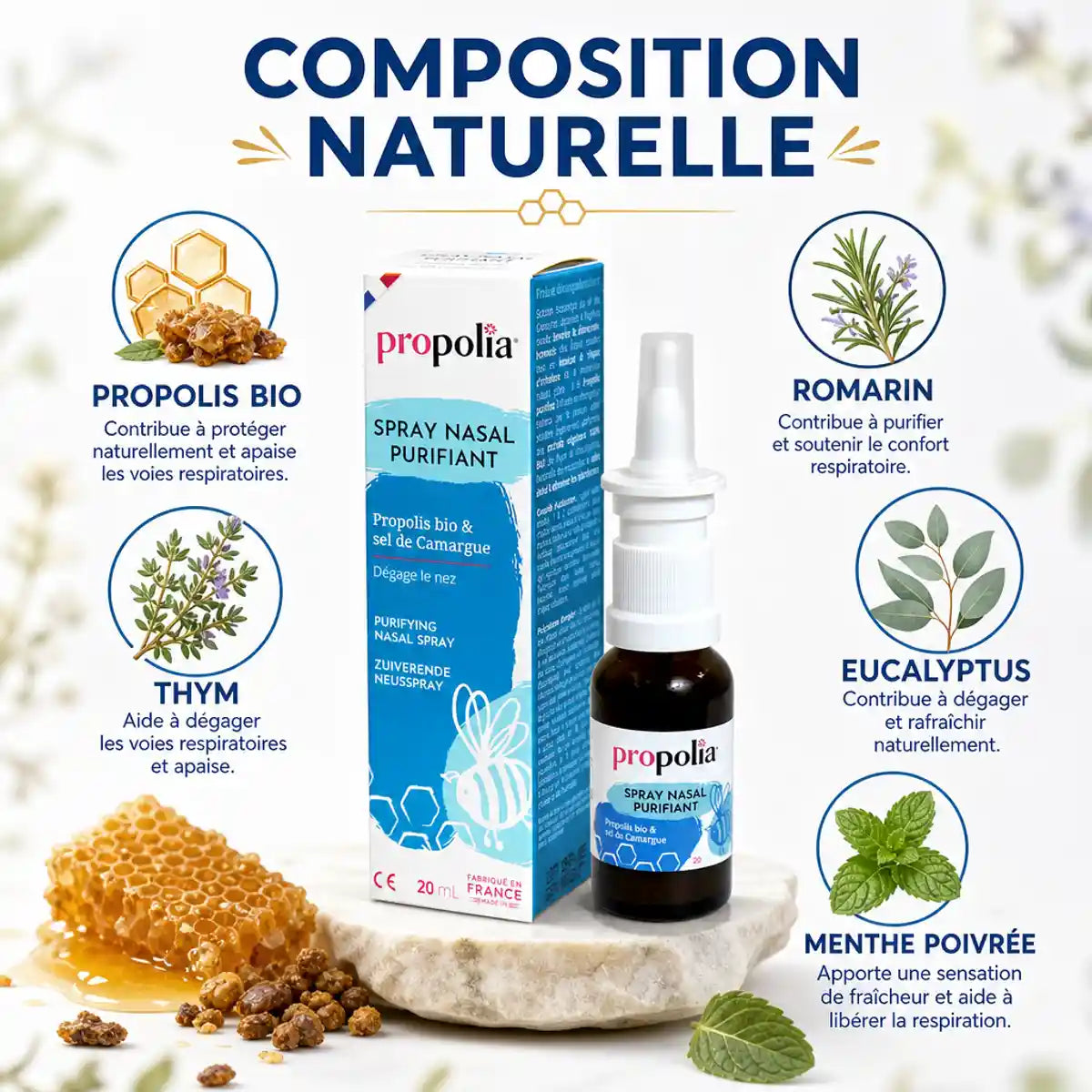 Spray nasal propolis 20ml Propolia composition naturelle propolis thym romarin eucalyptus menthe décongestionnant