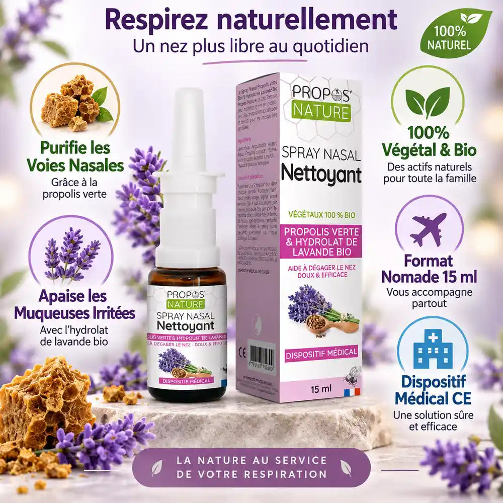 Spray nasal Propolis Verte Lavande Bio Propos'Nature flacon verre avec bénéfices et certifications
