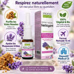 Spray nasal Propolis Verte Lavande Bio Propos'Nature flacon verre avec bénéfices et certifications