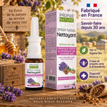 Spray nasal Propolis Verte Lavande Bio Propos'Nature en flacon avec emballage sur établi artisanal