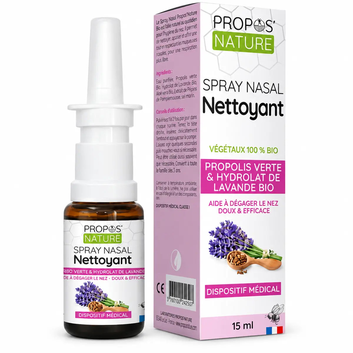 Spray nasal propolis verte lavande bio Propos'Nature 15ml flacon pompe blanc