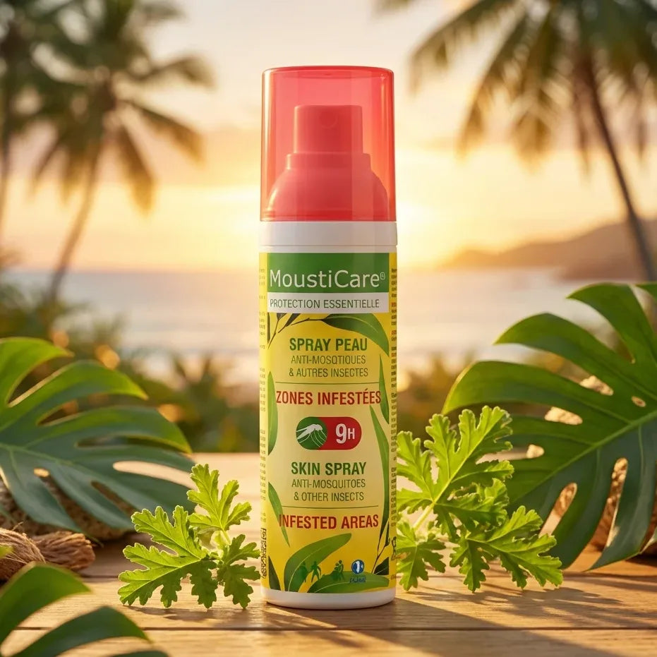 Spray anti-moustique MoustiCare 125ml sur table avec plantes tropicales et feuilles vertes