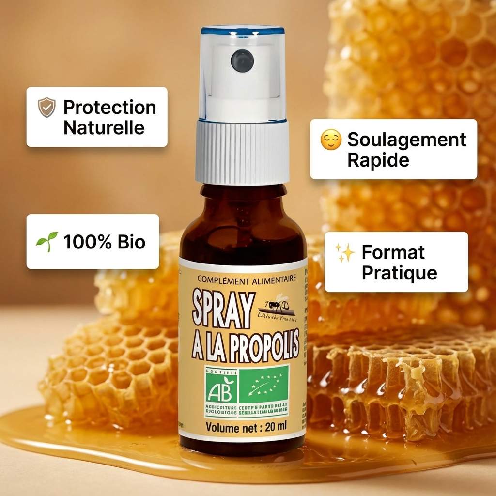 Spray Propolis gorge bio 20ml Abeille Forestière avec miel et rayon, certifications organiques