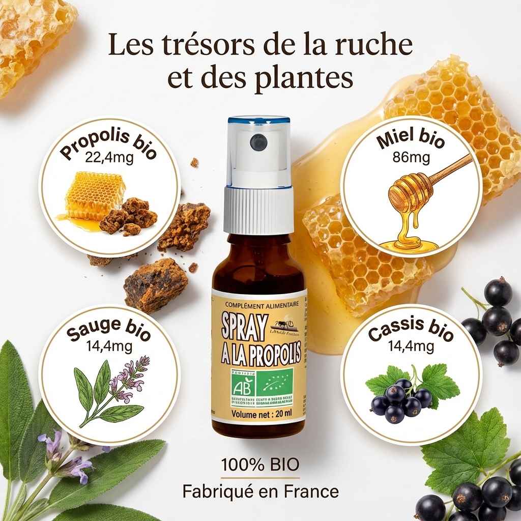 Spray Propolis bio 20ml avec ingrédients naturels - Miel, Sauge, Cassis - Abeille Forestière