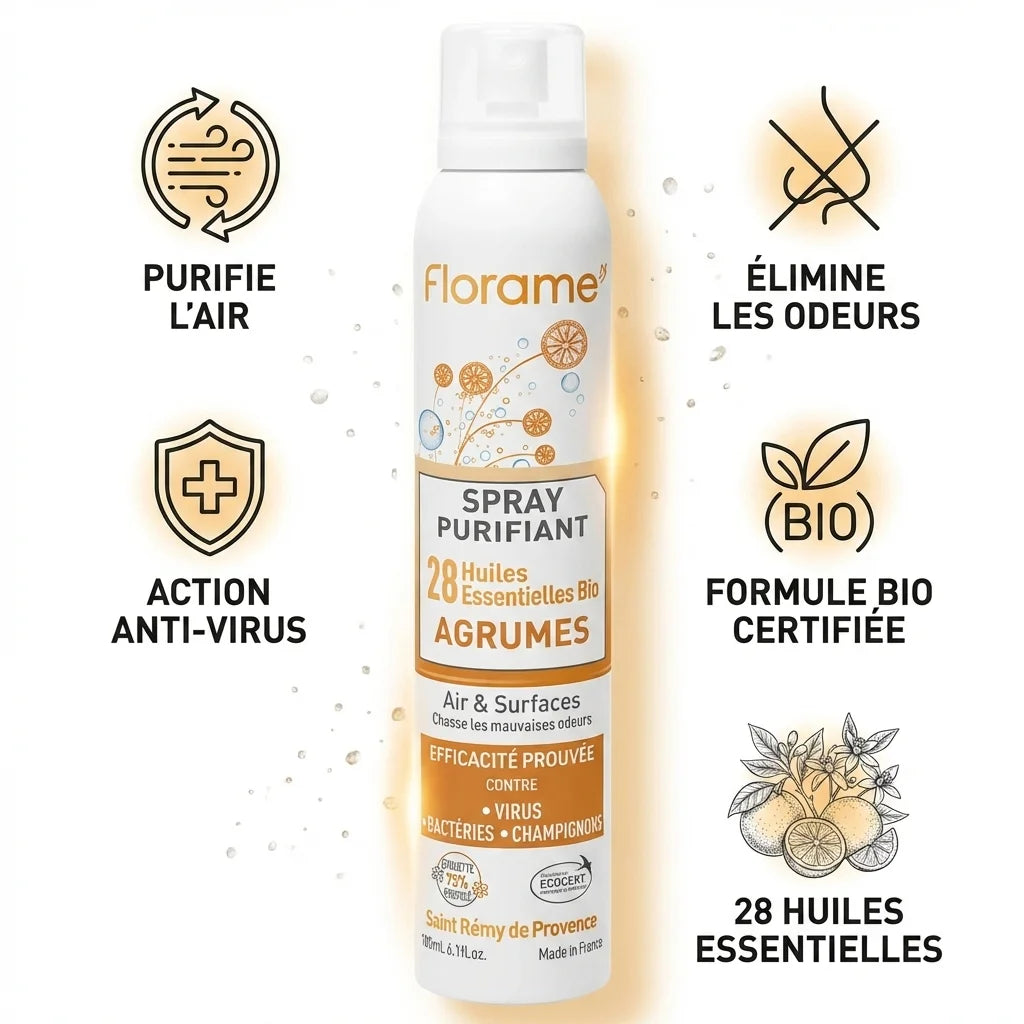 Spray Purifiant Agrumes Bio Florame 180ml avec ses 5 bénéfices clés et formule certifiée