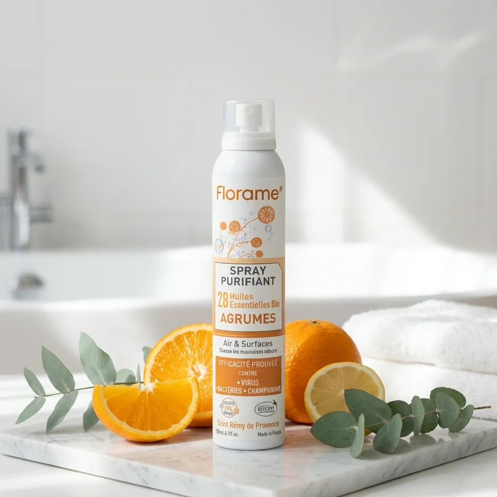 Spray Purifiant Agrumes Bio Florame 180ml avec agrumes et feuilles d'eucalyptus