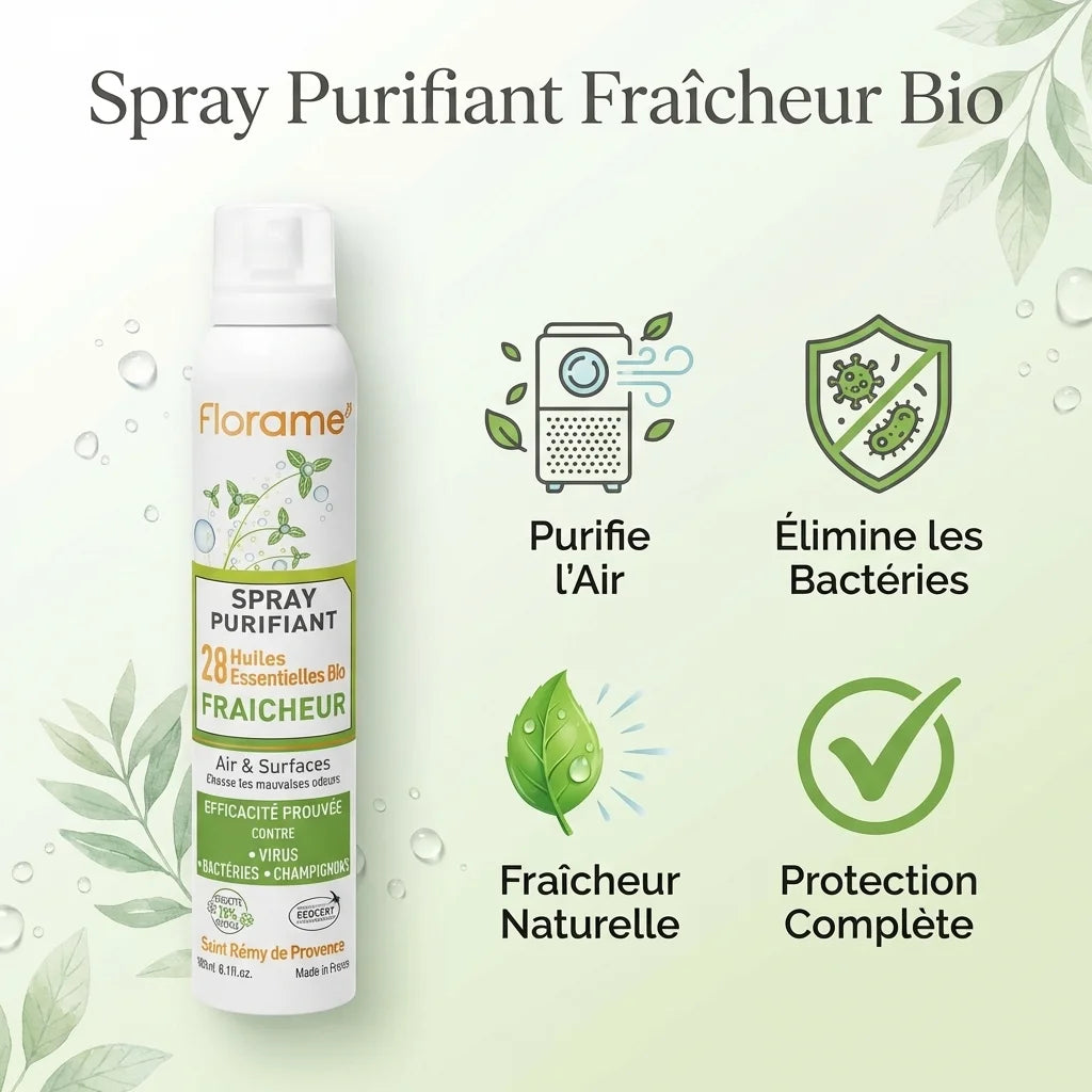Spray Purifiant Fraîcheur Bio Florame 180ml avec bénéfices : purifie l'air, élimine bactéries, fraîcheur naturelle