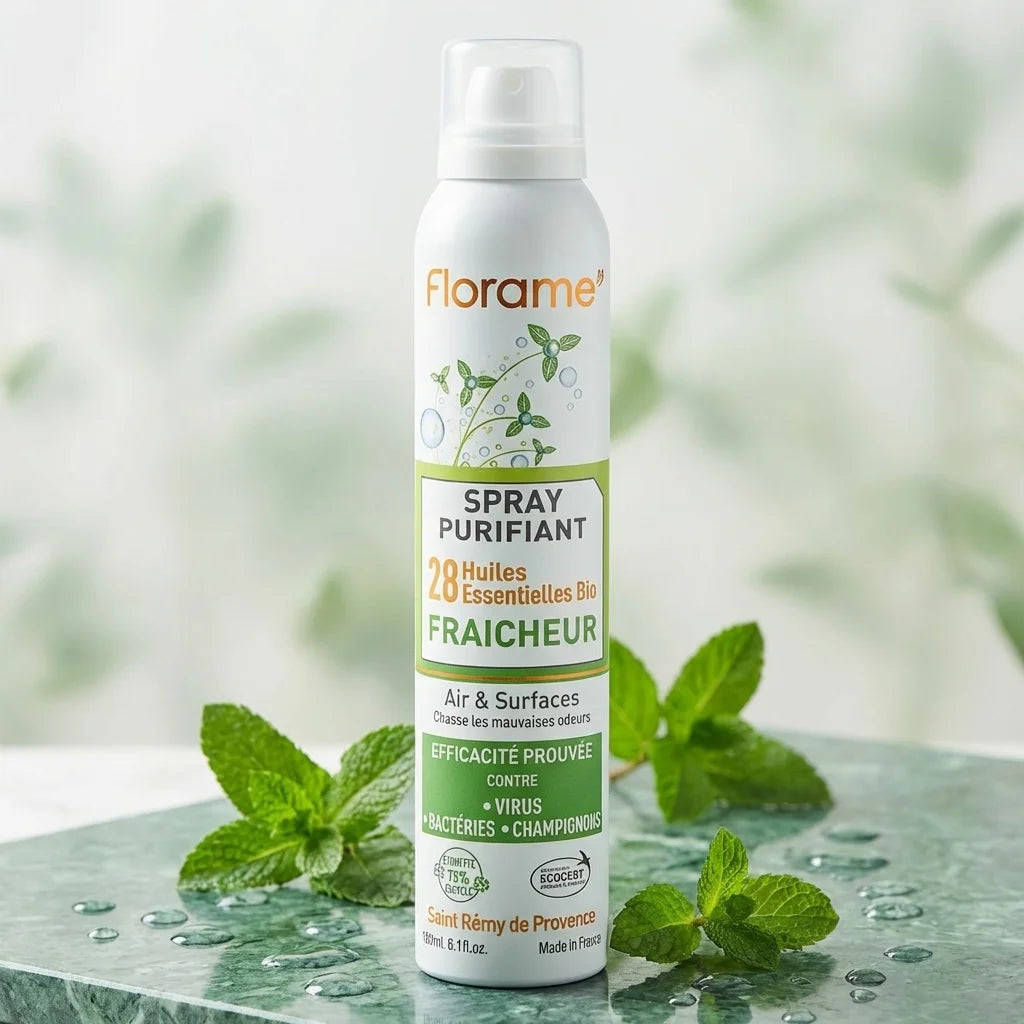 Spray Purifiant Fraîcheur Bio Florame 180ml sur marbre vert avec feuilles de menthe biologiques