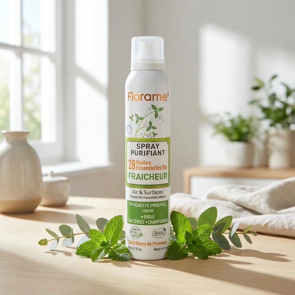 Spray Purifiant Fraîcheur Bio Florame 180ml avec menthe et eucalyptus sur bois