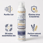 Spray Purifiant Provence Bio Florame 180ml avec icônes bénéfices et 28 huiles essentielles