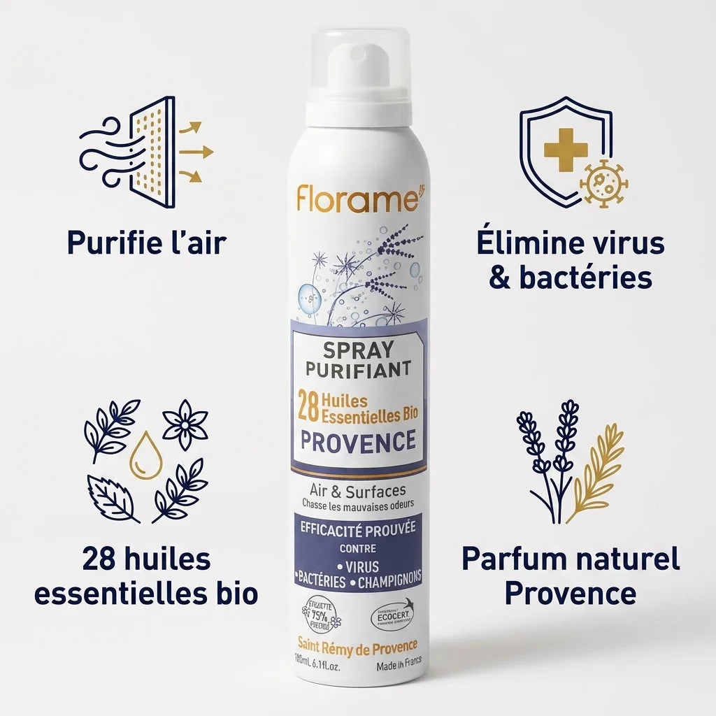 Spray Purifiant Provence Bio Florame 180ml avec icônes bénéfices et 28 huiles essentielles