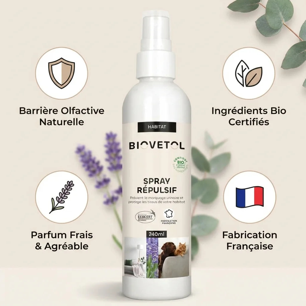 Spray répulsif anti marquage urinaire Biovetol 240ml avec bénéfices bio certifiés et fabrication française