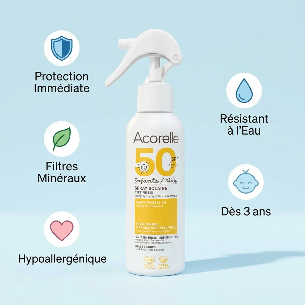 Spray solaire SPF 50 bio Acorelle 150ml avec icônes avantages protection immédiate filtres minéraux hypoallergénique