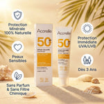 Spray Solaire SPF 50 Bio Acorelle 100ml avec infographie des bénéfits protection minérale naturelle