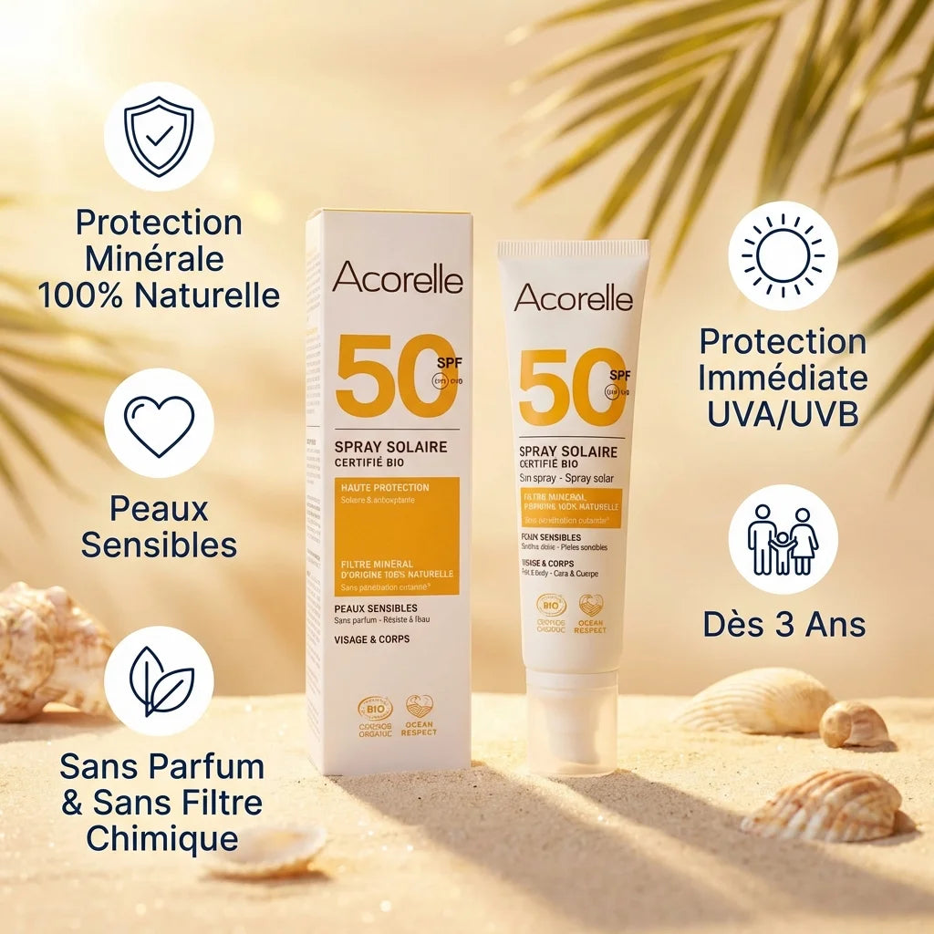 Spray Solaire SPF 50 Bio Acorelle 100ml avec infographie des bénéfits protection minérale naturelle