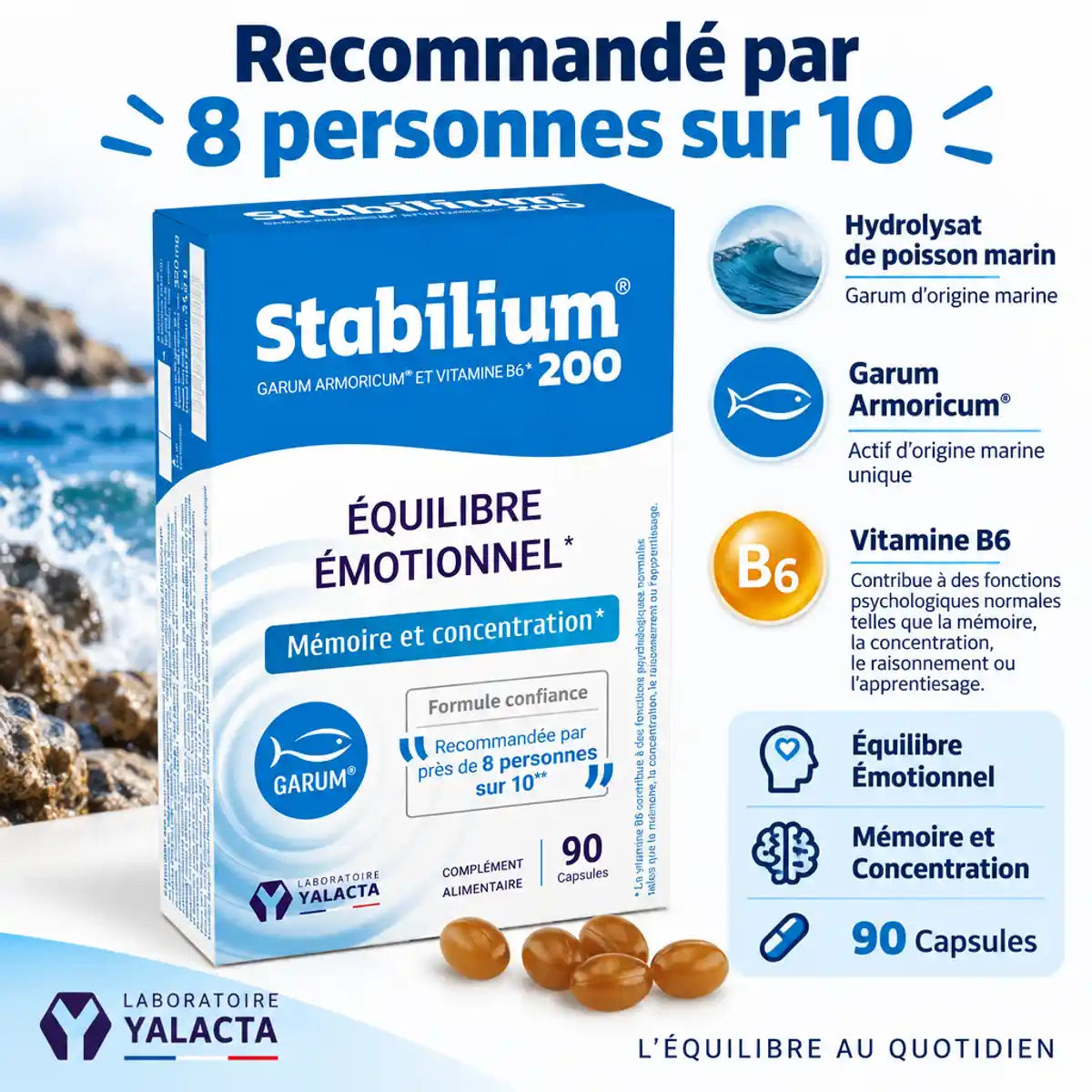 Stabilium 200 boîte bleue 90 capsules pour fatigue stress, hydrolysat marin Garum Armoricum vitamine B6 Yalacta