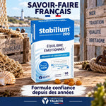 Stabilium 200 boîte bleue avec capsules dorées et texte savoir-faire français pour réduire fatigue et stress naturellement