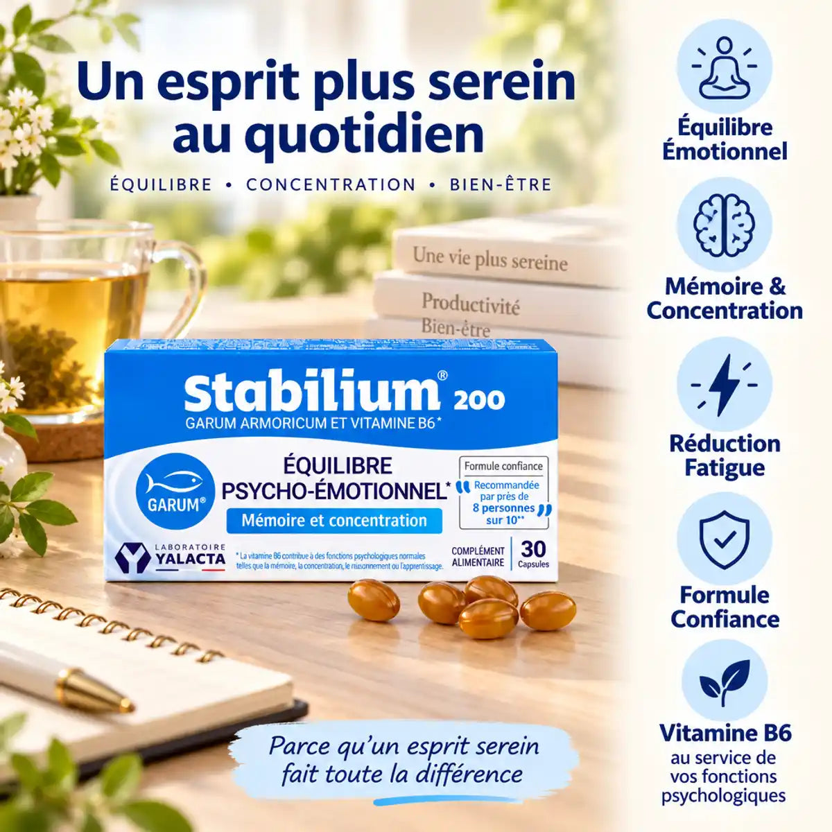 Stabilium 200 packaging avec bénéfices : réduction fatigue, équilibre émotionnel, mémoire et concentration naturellement