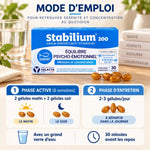 Stabilium 200 boîte avec mode d'emploi : 2 gélules matin et soir contre fatigue et stress naturel
