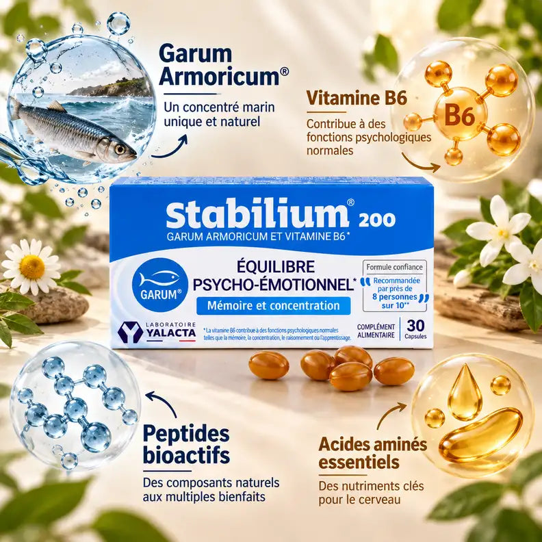 Stabilium 200 Yalacta boîte avec ingrédients naturels : Garum Armoricum, Vitamine B6 et peptides bioactifs