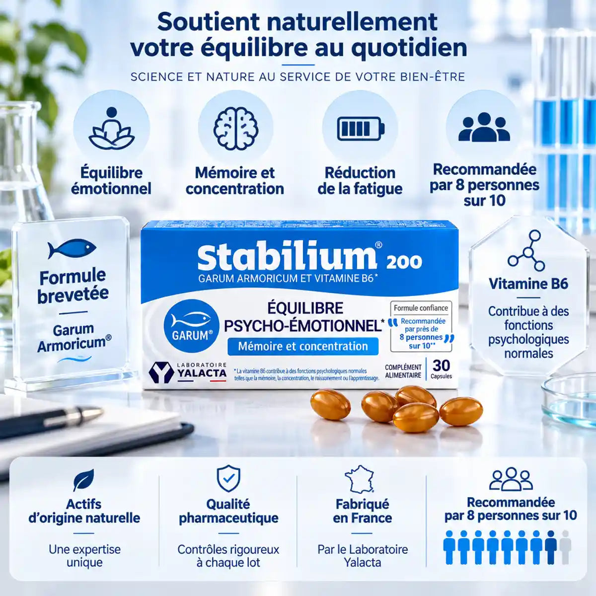 Stabilium 200 Yalacta boîte bleue avec formule brevetée contre fatigue et stress naturellement