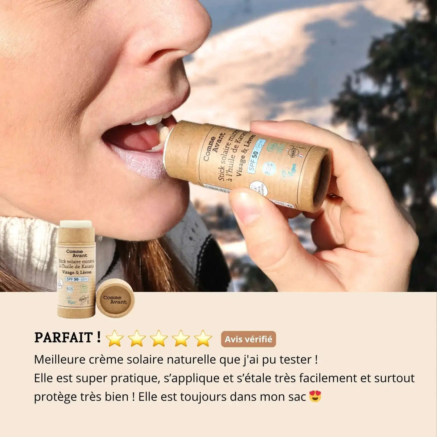Les avis concernant le stick solaire visage et lèvres de la marque Comme Avant
