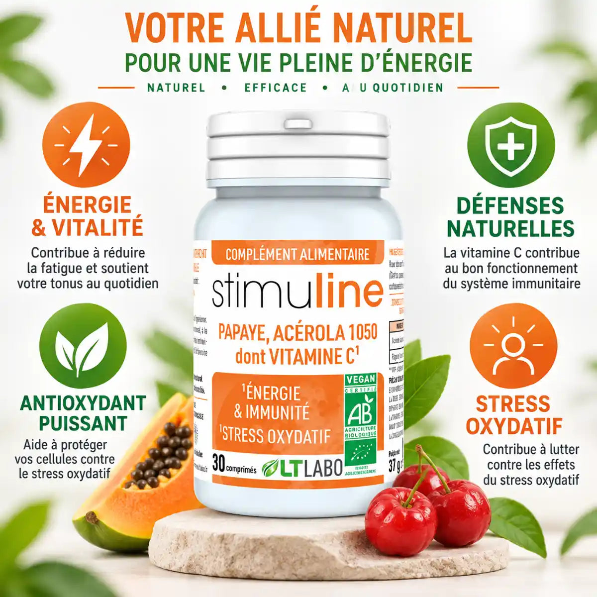Stimuline complément énergie immunité 30 comprimés avec bénéfices vitamine C antioxydant