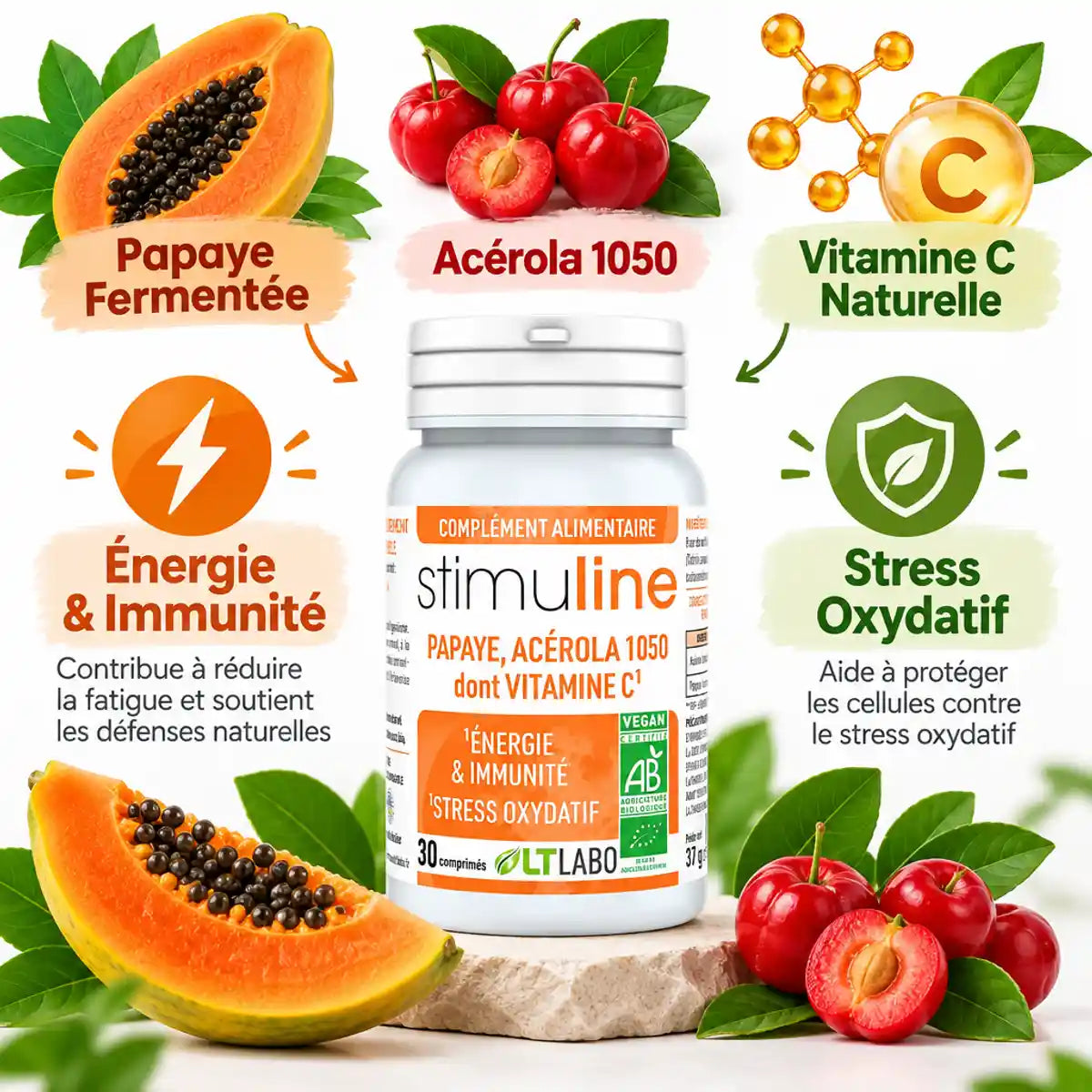 Stimuline LT Labo 30 comprimés papaye acérola vitamine C énergie immunité