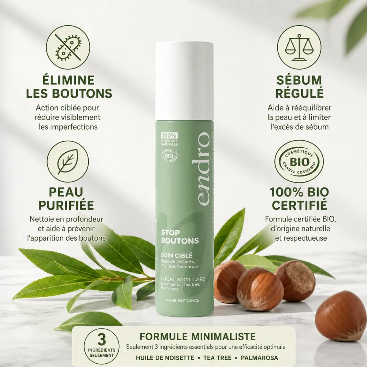 Stop Boutons 10ml Endro - Flacon verre vert avec bénéfices peau purifiée et certifié bio
