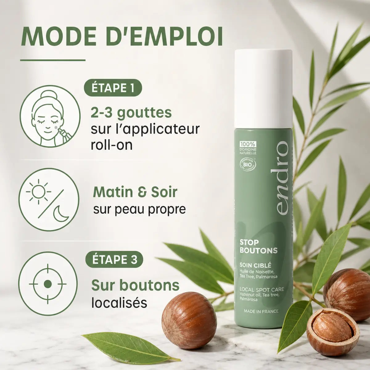 Stop boutons 10ml Endro - Flacon soin purifiant avec mode d'emploi et ingrédients naturels
