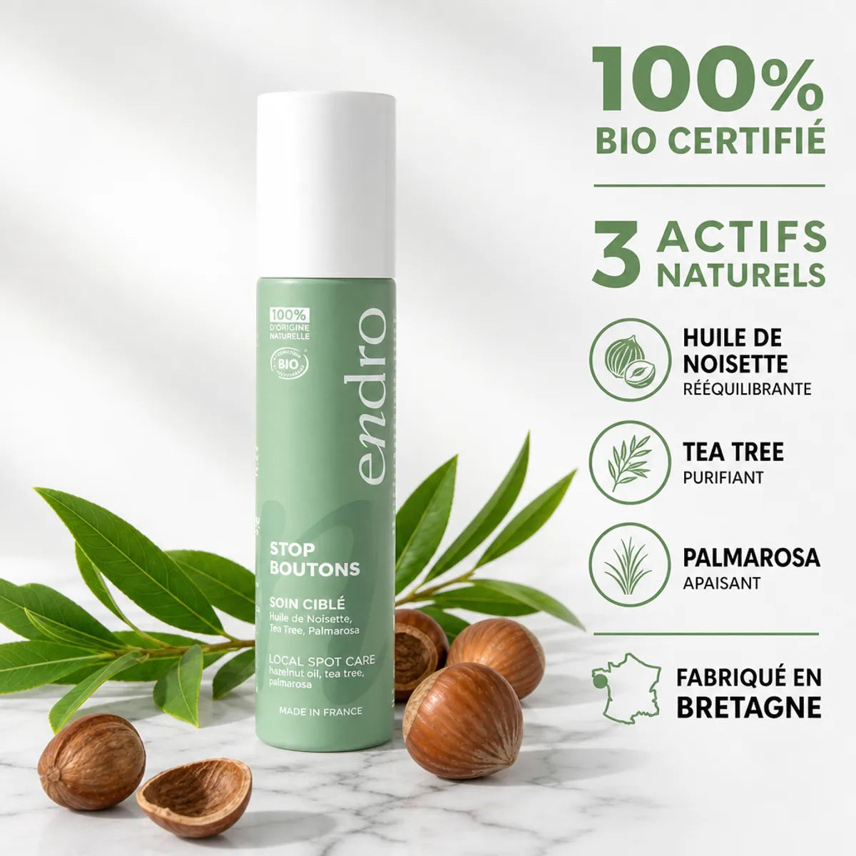 Stop Boutons 10ml Endro - Sérum purifiant bio avec noisette, tea tree et palmarosa