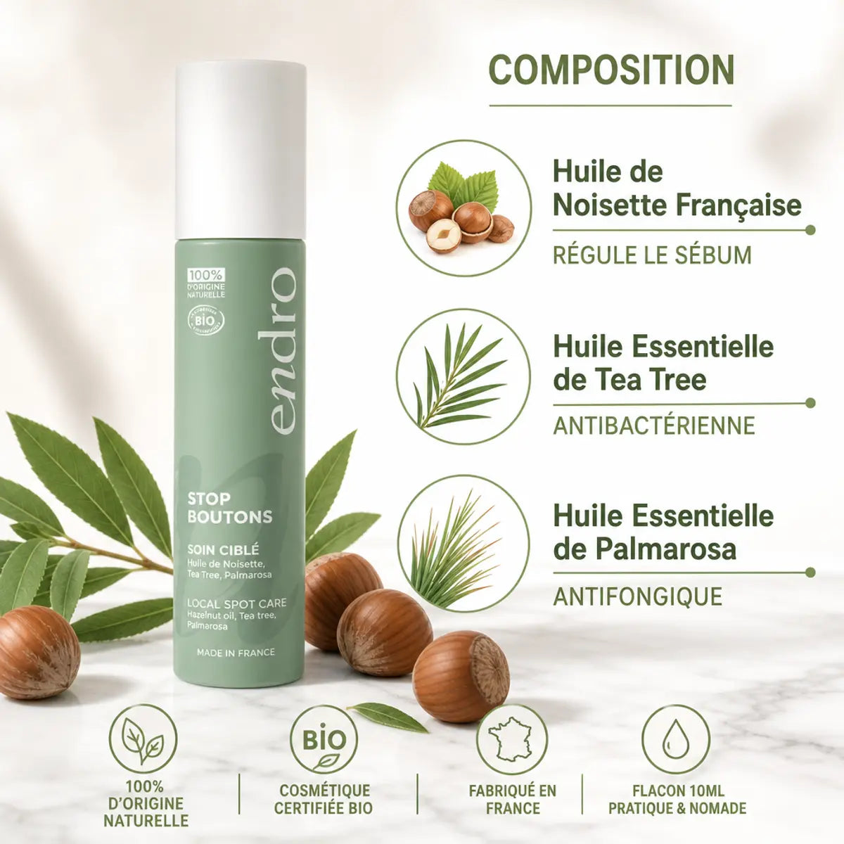 Stop Boutons Endro 10ml - Sérum purifiant tea tree et huile noisette pour routine anti-acné
